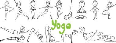 yoga el çizim seti pozlar. doodle vektör illüstrasyon, sağlıklı yaşam tarzı spor exersises