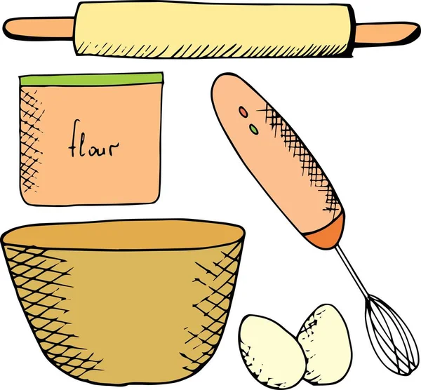 Комплект кухонной утвари и продуктов для приготовления пищи - мука, скалка, смеситель, чашка и яйца. векторная идудальная люстрация — стоковый вектор