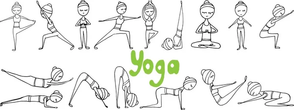 Yogaställningar uppsättning hand ritning. Doodle vektor illustration, hälsosam livsstil sport exersises — Stock vektor