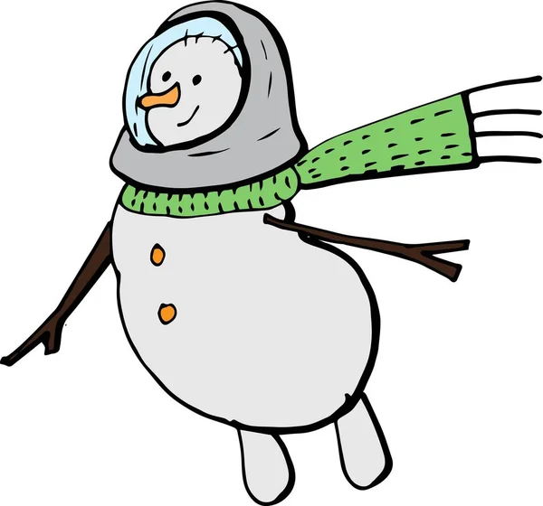 Bonhomme de neige dessin animé dans une écharpe verte, volant dans une combinaison spatiale. illustration vectorielle pour affiches, estampes et papiers peints — Image vectorielle