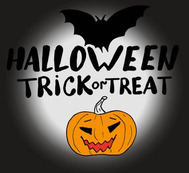 yazıt Halloween hüner veya tedavi ile ay ve yarasa karanlık bir arka planda kabak oyulmuş. afiş, afiş, kartlar için vektör illüstrasyon el çizim