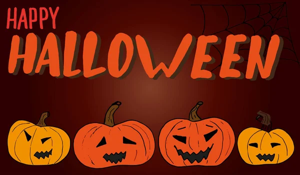 Buon Halloween banner su uno sfondo arancione scuro con diverse zucche intagliate. illustrazione doodle vettoriale per manifesti, carte — Vettoriale Stock