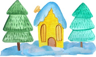 kar yığınları sarı Noel evi ve beyaz bir arka plan üzerinde bir ağaç. posterler, afişler için suluboya illüstrasyon. Yeni Yıl kartı