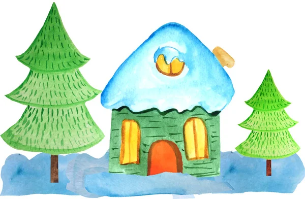 Acogedora casa de Navidad de dibujos animados en las nevadas y dos árboles sobre un fondo blanco. ilustración de acuarela para carteles, pancartas. Tarjeta de Año Nuevo —  Fotos de Stock
