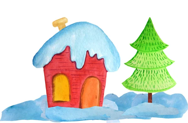 Confortable maison de Noël rouge dans les neiges et un arbre sur un fond blanc. illustration aquarelle pour affiches, bannières. Carte Nouvel An — Photo