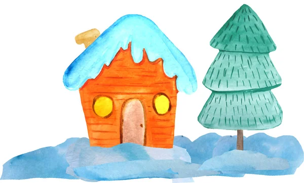 Maison de Noël confortable dans les neiges et un arbre sur un fond blanc. illustration aquarelle pour affiches, bannières. Carte Nouvel An — Photo