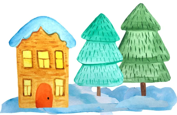 cozy two-story Christmas house in the snowdrifts and a tree on a white background. watercolor illustration for posters, banners. New Year card