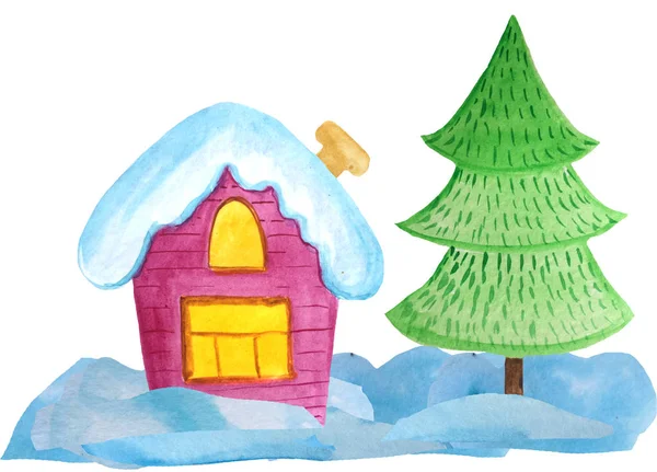 Confortable maison de Noël sur fond blanc. illustration aquarelle pour affiches, bannières. Carte Nouvel An — Photo
