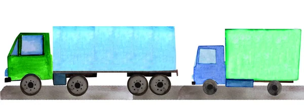 Zestaw samochodów ciężarowych i dostawczy samochodowych na drodze. ilustracja akwarela dla wydruków, czasopism i plakatów — Zdjęcie stockowe