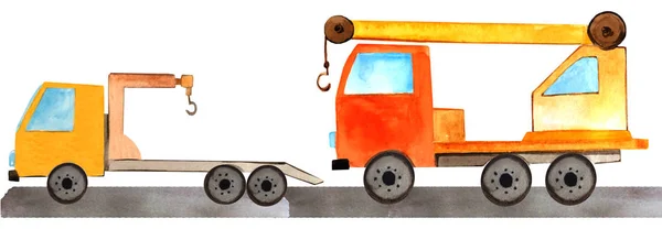 Set truck met kraan en sleepwagen op de weg. Aquarel illustratie voor prenten, tijdschriften en posters — Stockfoto