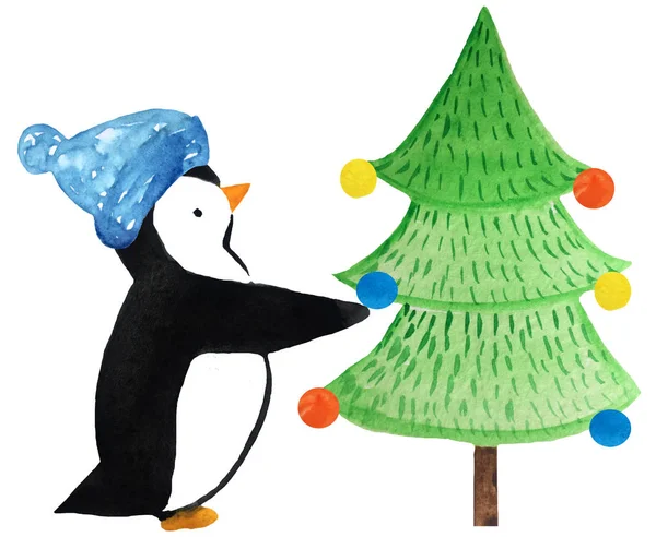 Pingüino de dibujos animados decora el árbol de Navidad. ilustración de acuarela para impresiones y carteles. Tarjeta de Año Nuevo —  Fotos de Stock