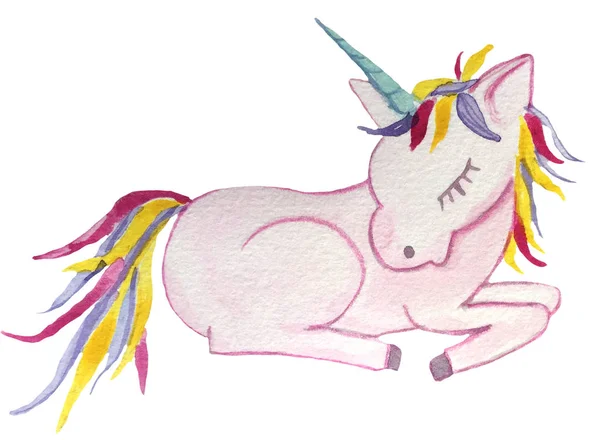 Isolerad sovande rosa prinsessan Unicorn på en vit bakgrund. akvarell illustration för tryck, affischer — Stockfoto