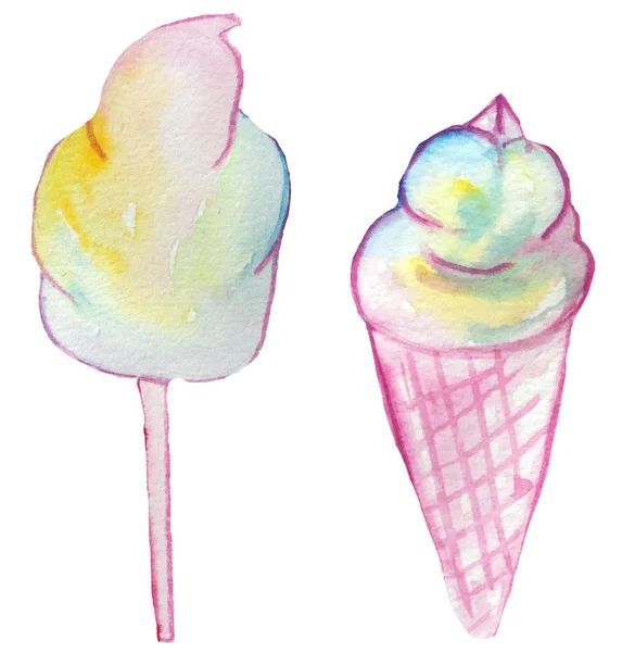 Szivárvány színű édességek elszigetelt-fagylalt és Vattacukor fehér alapon. akvarell illusztráció nyomatok és plakátok — Stock Fotó