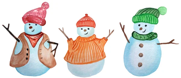 Ensemble de bonhommes de neige en chapeaux sur un fond blanc. illustration aquarelle pour gravures, affiches, affiches — Photo