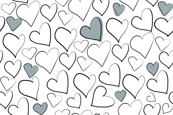 hand drawing doodle pattern with different hearts and gray spots on a white background. raster illustration for prints, wallpapers, templates