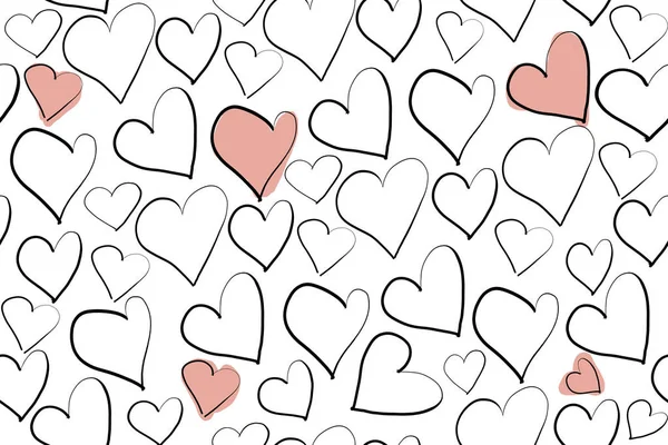 hand drawing doodle pattern with different hearts and pink spots on a white background. raster illustration for prints, wallpapers, templates