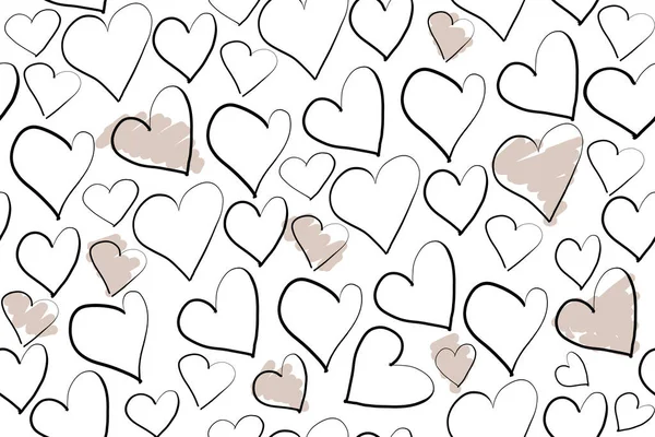 hand drawing doodle pattern with different hearts and rose color spots on a white background. raster illustration for prints, wallpapers, templates