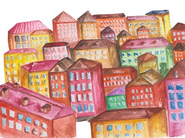Farklı evlerden Karikatür suluboya şehir - beyaz bir arka plan üzerinde çatıları ile çok renkli çok katlı binalar. baskılar ve kartlar için raster illüstrasyon