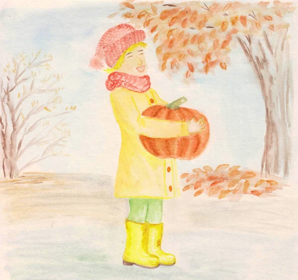 Cheerful boy in a warm hat and yellow boots with a pumpkin on the background of the autumn garden. hand drawing illustration for prints, cards, magazines — Stock Photo, Image