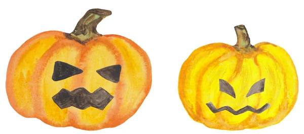 Zwei Halloween-Kürbisse auf weißem Hintergrund. Aquarell-Illustration für die Gestaltung von Drucken, Karten und Postern — Stockfoto
