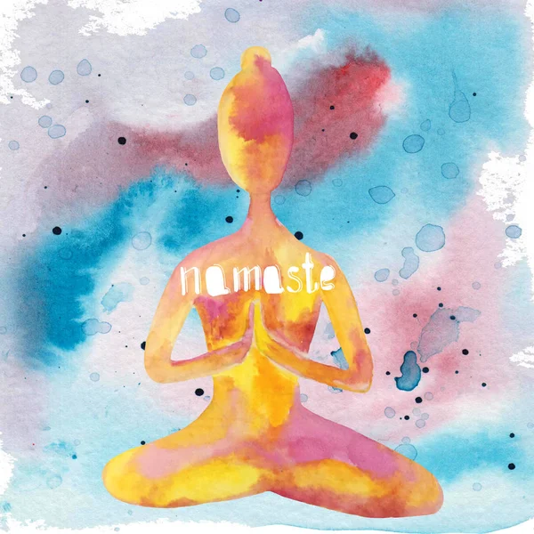 Namaste. ragazza che pratica asana yoga su uno sfondo colorato e l'iscrizione. illustrazione ad acquerello per carte, stampe, manifesti e riviste . — Foto Stock