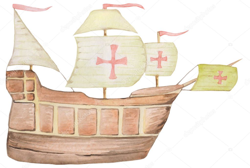 old ship santa maria with sails on a white background. watercolor illustration for cards, prints, magazines