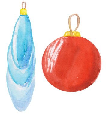 Beyaz arka planda Noel ağacı oyuncakları seti. Noel topu ve buz sarkıtı, kartlar, baskılar, posterler için suluboya raster illüstrasyon.