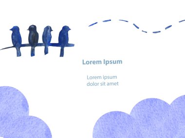 bir brunch üzerinde soyut mavi kuşlar. Soyut rakamlar ve bulutlar ve lorem ipsum, kartvizit, afiş ve logo için suluboya illüstrasyon. minimalizm sanatı