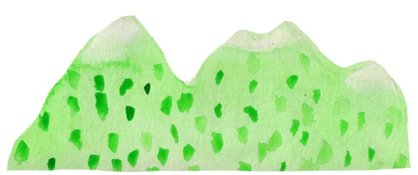Aquarell-Konturen von Bergen grüner Farbe mit Flecken auf weißem Hintergrund. abstrakte Berge mit Schneemützen für Drucke und Poster — Stockfoto