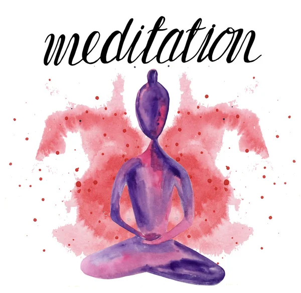 watercolor yoga lettering design. figure of a girl practicing yoga on a colored background with the inscription meditation. raster watercolor illustration for prints, posters