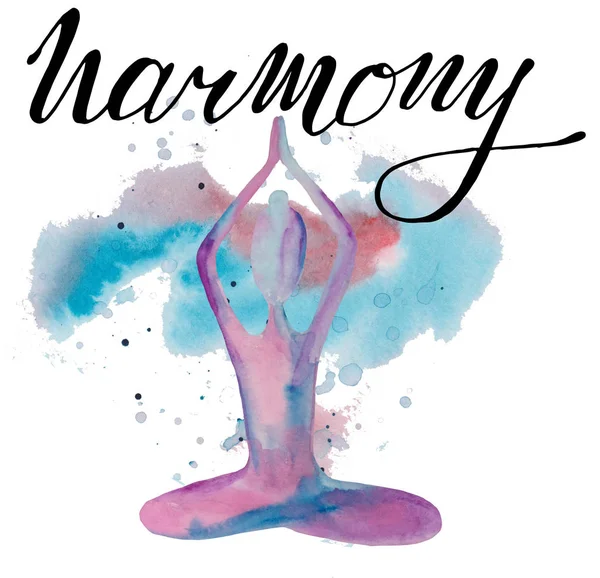 Figura della ragazza silhouette lilla-color praticare asana. posa yoga su uno sfondo colorato e lettering armonia. illustrazione raster acquerello per stampe, manifesti e riviste — Foto Stock