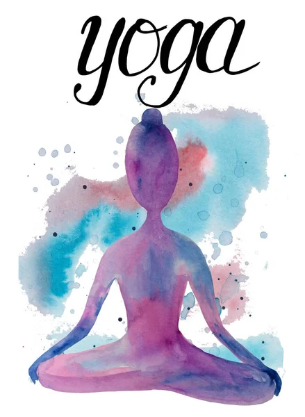 Uomo che pratica asana, posizione del loto e meditazione. illustrazione raster acquerello con lettering yoga su sfondo blu colorato per stampe, manifesti e carte — Foto Stock
