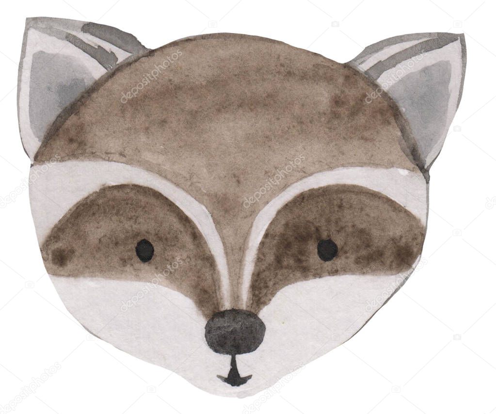 Portrait of a funny raccoon face on a white background. watercolor hand drawing cartoon illustration for prints, posters and cards. animal emotions