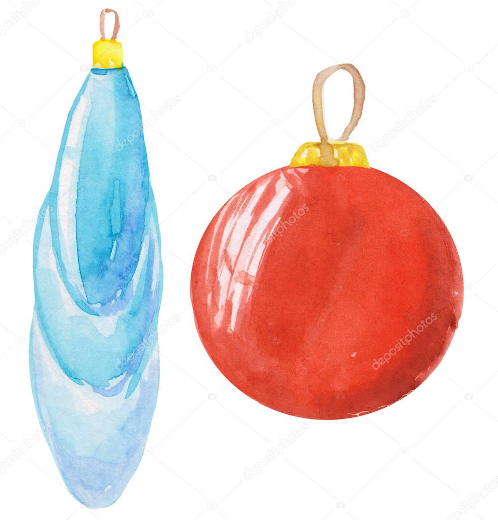 Set of Christmas tree toys on a white background. Christmas ball and icicle, watercolor raster illustration for cards, prints, posters.