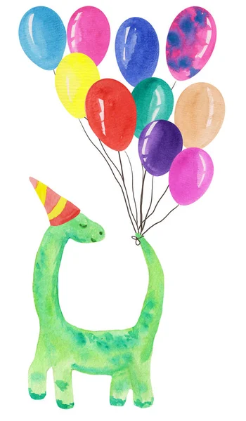 funny baby dinosaur with balloons and a hat. holiday print. Watercolor illustration of a cartoon dinosaur for prints, postcards, baby textiles.