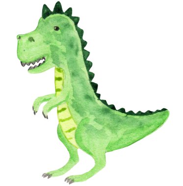 Karikatür beyaz bir arka plan üzerinde sevimli t-rex dinozor. çocuk tekstil, baskı, poster, dergi için suluboya illüstrasyon. suluboya bebek tyrannosaurus.