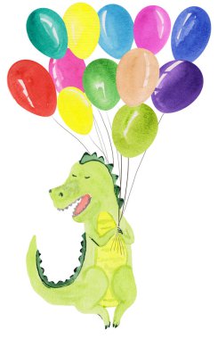 balonlar ile karikatür bebek dinozor, kartlar için suluboya illüstrasyon, baskılar ve posterler, çocuk giyim
