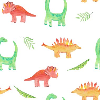 Sevimli dinozorlar ile Dikişsiz desen - diplodocus, triceps ve tropikal yaprakları. Baskılar, şablonlar, davetiyeler, bebek giysileri için suluboya illüstrasyon.