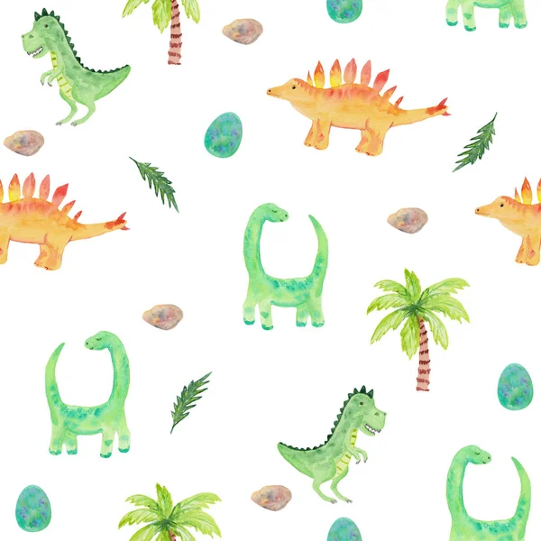 Seamless pattern with cute dinosaurs and tropical. watercolor illustration with diplodocus, brontosaurus and tyrannosaurus for prints, templates, invitations, children\'s clothes.