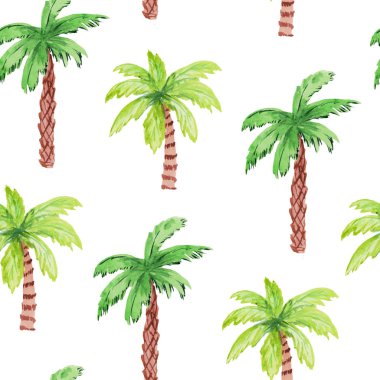 Büyük palmiye ağaçları ile dikişsiz desen. baskılar, posterler, şablonlar, kartlar için suluboya el çizim illüstrasyon.
