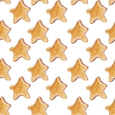 yıldız şekli ile farklı zencefil çerezleri ile sorunsuz desen. Baskılar, hediye kağıdı, kartlar, posterler ve arka planlar için suluboya el çizim illüstrasyon. noel illüstrasyon