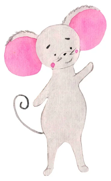분홍색 귀를 가진 작고 귀여운 쥐가 발을 흔들고 있습니다. 재밌는 캐릭터, 인쇄용 물감 디자인, 엽서, 포스터. 올해의 상징 — 스톡 사진