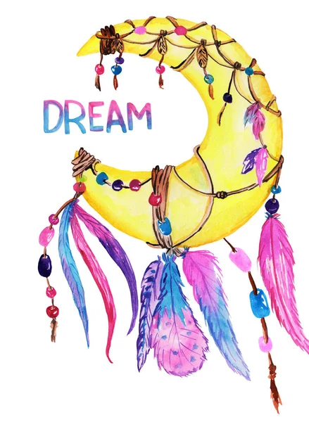 Moon dream catcher med pärlor på rep och olika fjädrar. inskription dröm handritning. ovanligt objekt i boho stil. akvarell illustration för tryck, kort, affischer, design. — Stockfoto