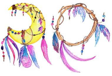 İki farklı düş kapanı seti. Ay bir düş kapanı ve bir dal tutucu. Boho tarzında alışılmadık bir aksesuar. baskılar, kartlar, posterler, tasarım için suluboya çizimi.