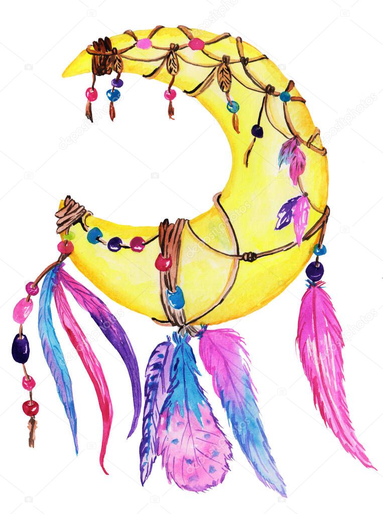 moon dream catcher with different interweaving of ropes and beads, with colorful feathers. unusual item in boho style. watercolor illustration for prints, cards, posters, design.