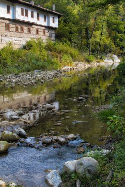 Kilifarevo Manastırı'nın arka bahçesine görünümü Tanrı'nın Annesi'nin Doğuşu, sonbaharda, Veliko Turnovo yakınlarında, Bulgaristan