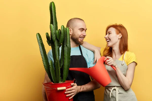Glad man och kvinna vattning blommor — Stockfoto