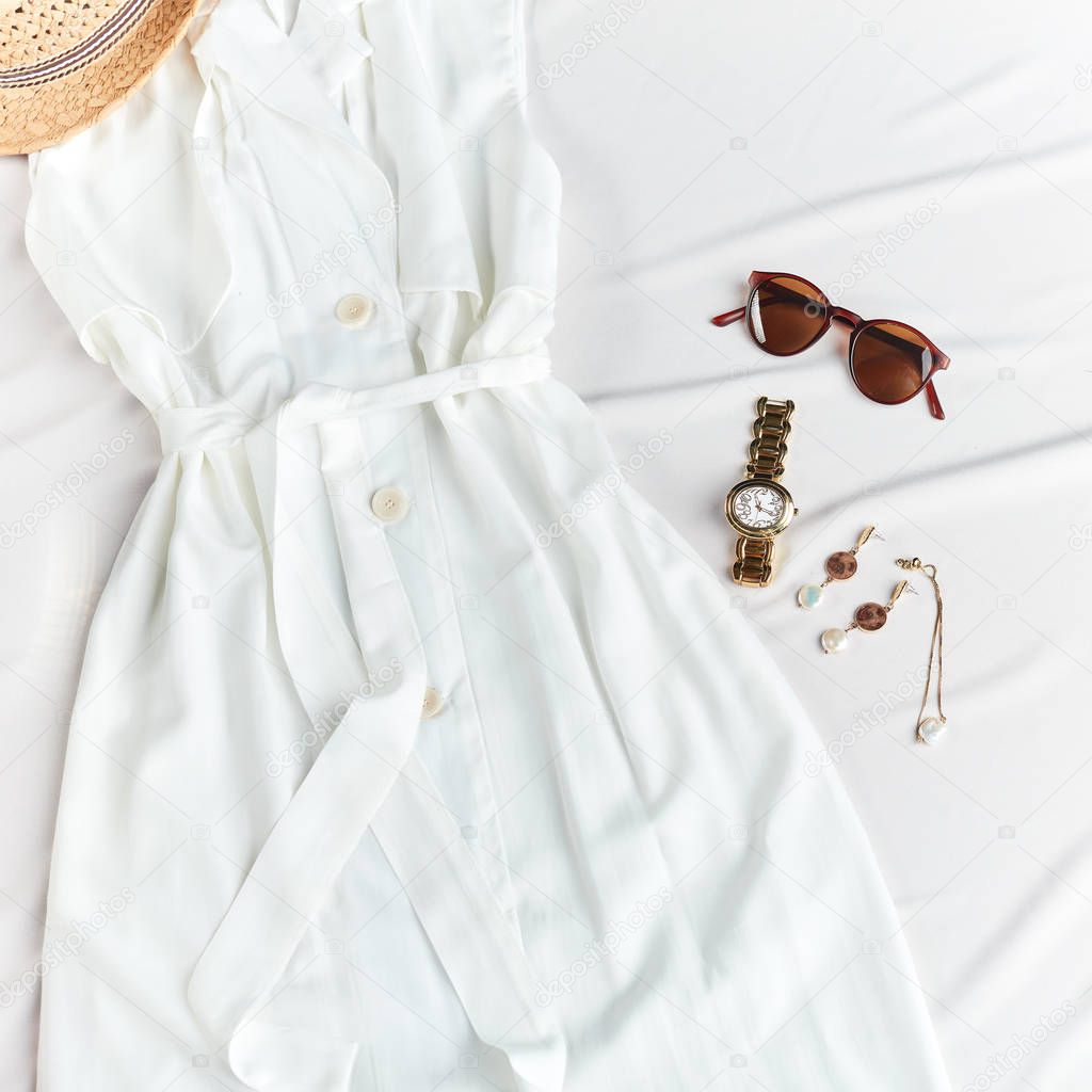 white summer outfit, watch, sunglasses, earrings, braslet