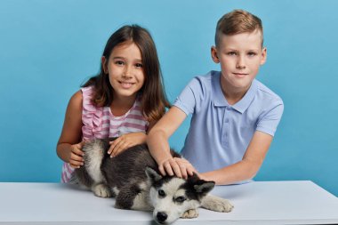 küçük yakışıklı erkek ve güzel kız köpek petting
