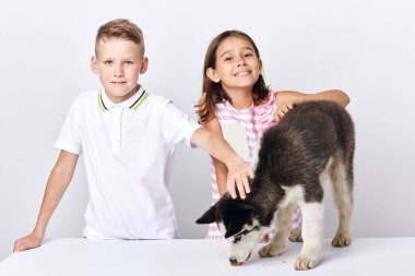 Erkek ve kız tişörtleri köpekle oynuyor.
